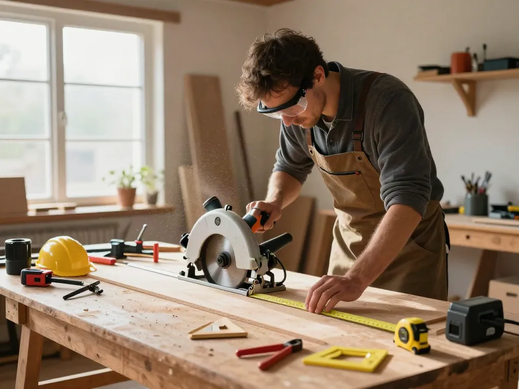 Circular saw guide rail in a home workshop with a carpenter making precise cuts.