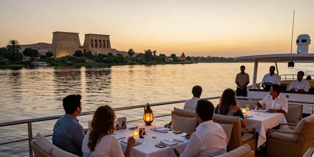 Captivating Lake Nasser Cruise sunset with traveler enjoying serene views.
